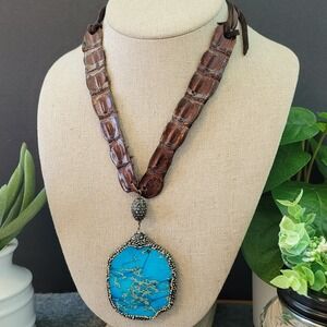Artisan Reptile Leather Blue Jasper Pave Statement Necklace 23in
